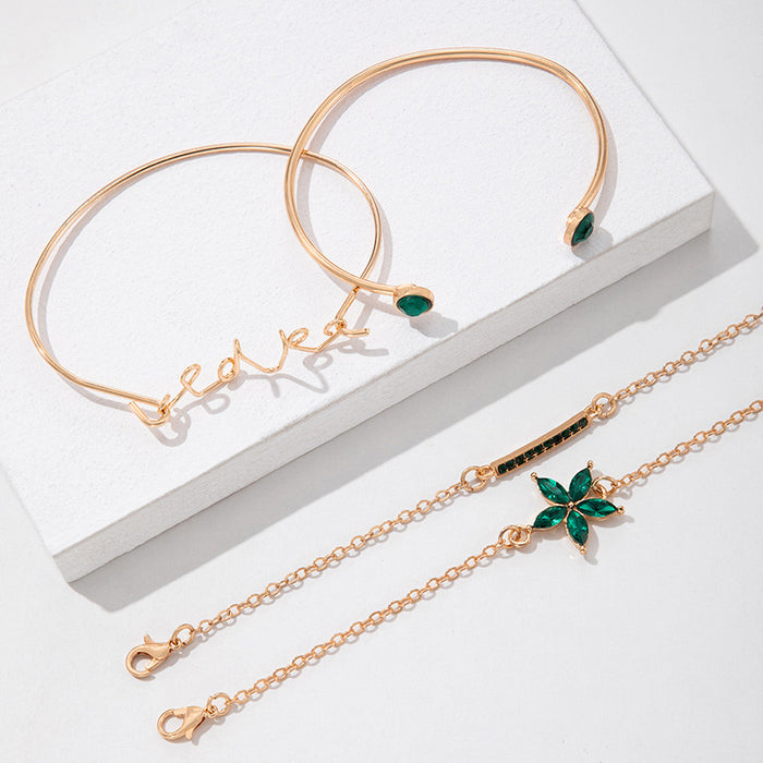 Conjunto de pulseras de diamantes de imitación con flores verdes: joyería multicapa de cuatro piezas para mujer