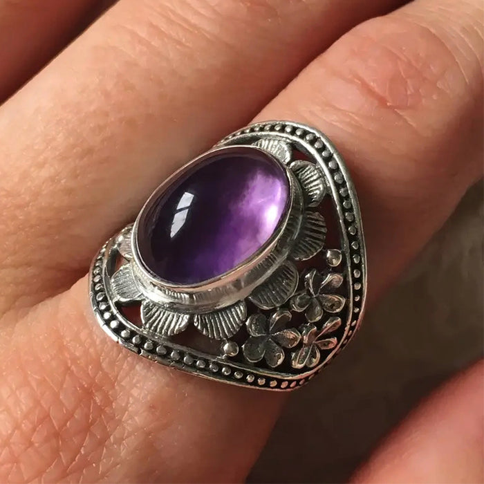 Anillo tallado con piedra lunar, estilo retro bohemio, para mujer