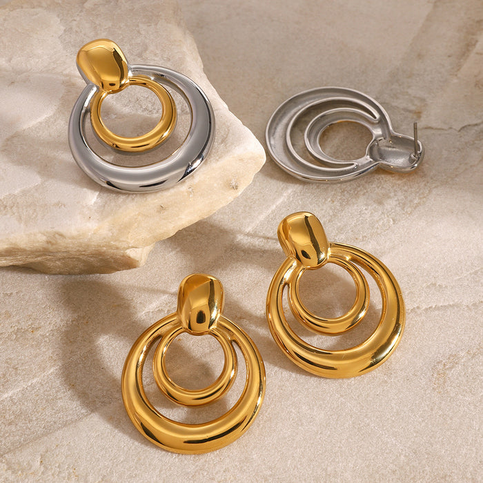 Stainless steel double-layer hollow earrings, simple and antique temperament color matching earrings