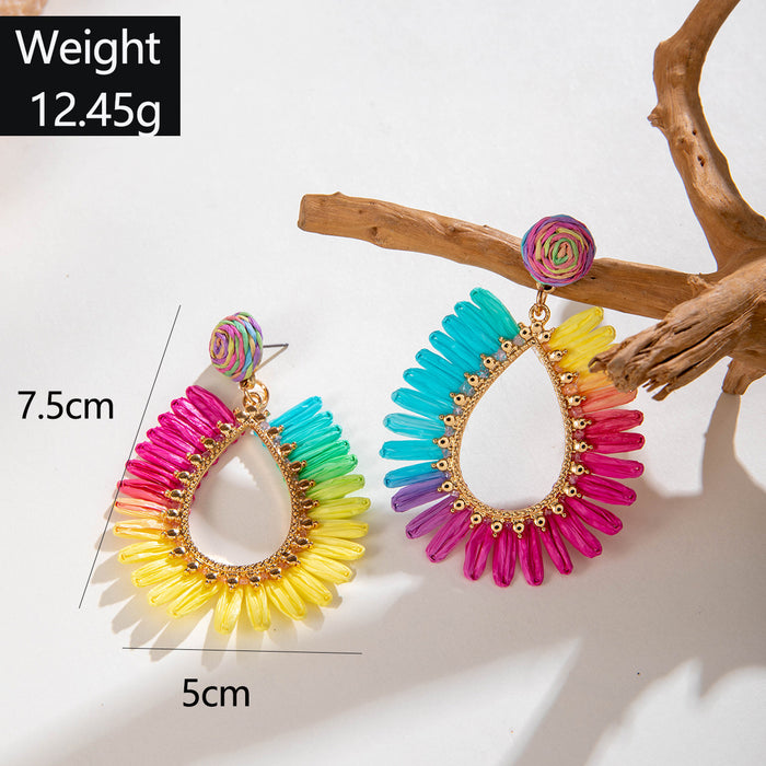 Geometric teardrop hollow earrings colorful raffia earrings