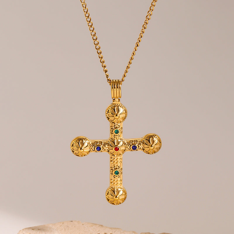 Stainless steel diamond cross necklace fashion sweater chain titanium steel necklace - wallojewerly 