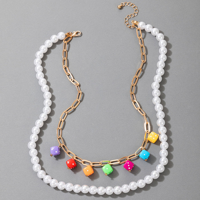 Colorful Resin Dice Multi-Layer Necklace with Chain Pearl Bead Two-Layer Clavicle Chain