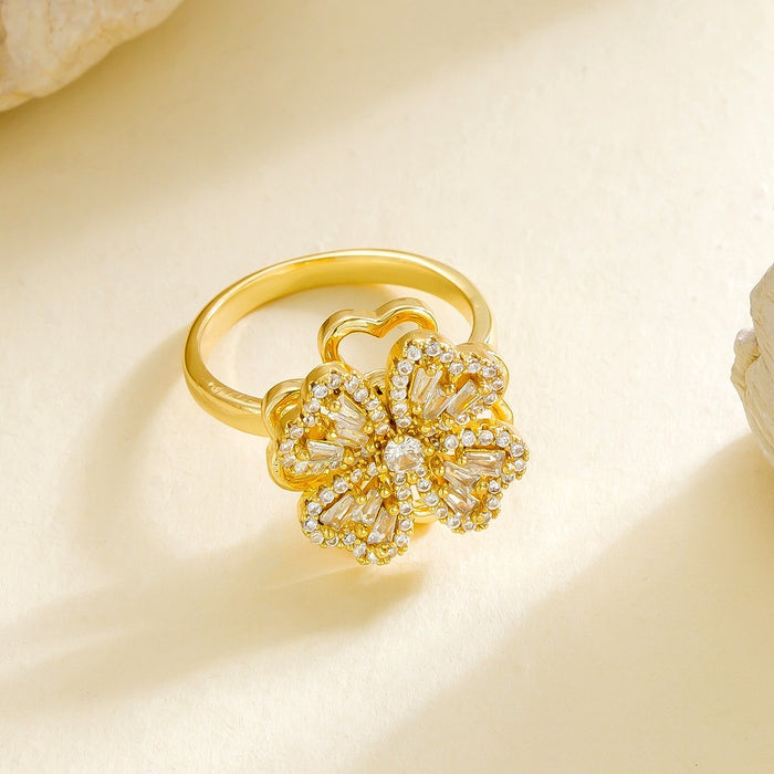 Wholesale copper micro-set zircon gold heart and four-leaf clover rotating open ring