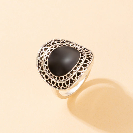 Vintage Black Gemstone Ring - Unique Enamel Wide Band Ring for Women