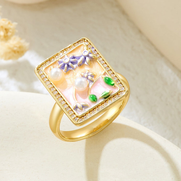 Wholesale copper micro-inlaid enamel painted drip flower open ring