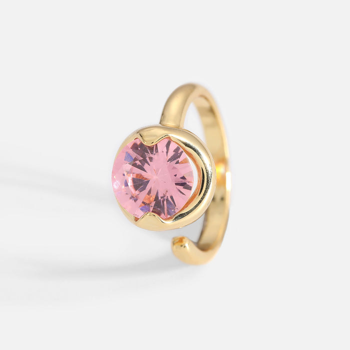 Trending 18K Real Gold Plated Open Ring with Small Charm - Brass Jewelry with Pink and White Zircon for Women