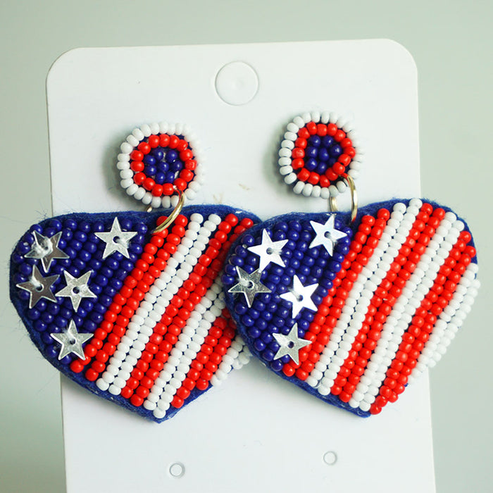 Patriotic Beaded Earrings with Handmade Bow, Rainbow Heart, and Star Designs