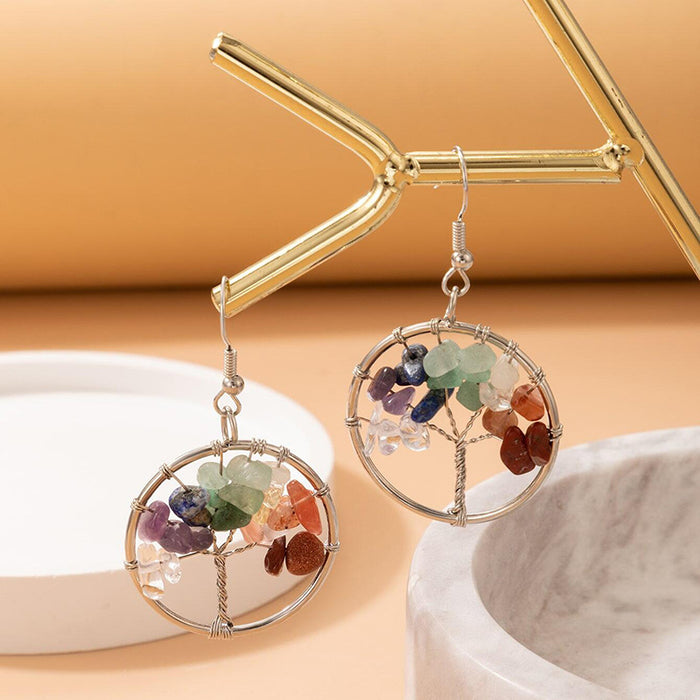 Imitation Natural Stone Tree of Life Earrings Geometric Round Ear Hooks