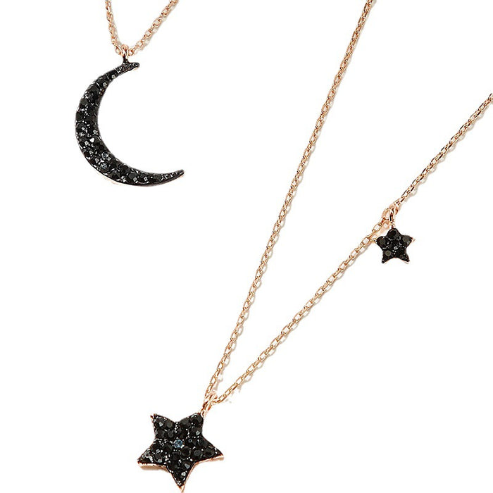 Star and Moon Diamond Double Layer Necklace with Geometric Crescent Multi-Layer Design