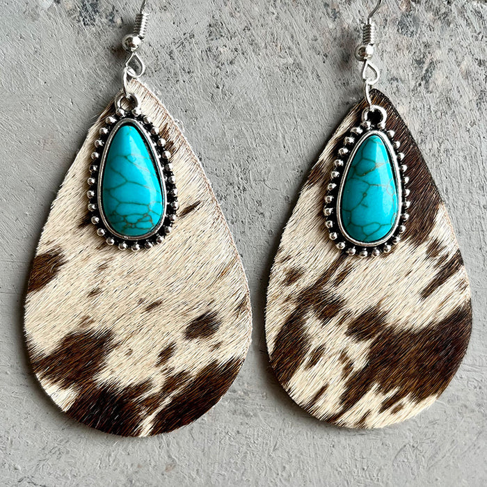 Western Animal Print Cowhide Teardrop Earrings with Turquoise and Metal Accents