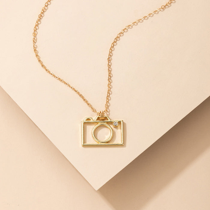 Alloy Camera Pendant Necklace with Geometric Hollow Design