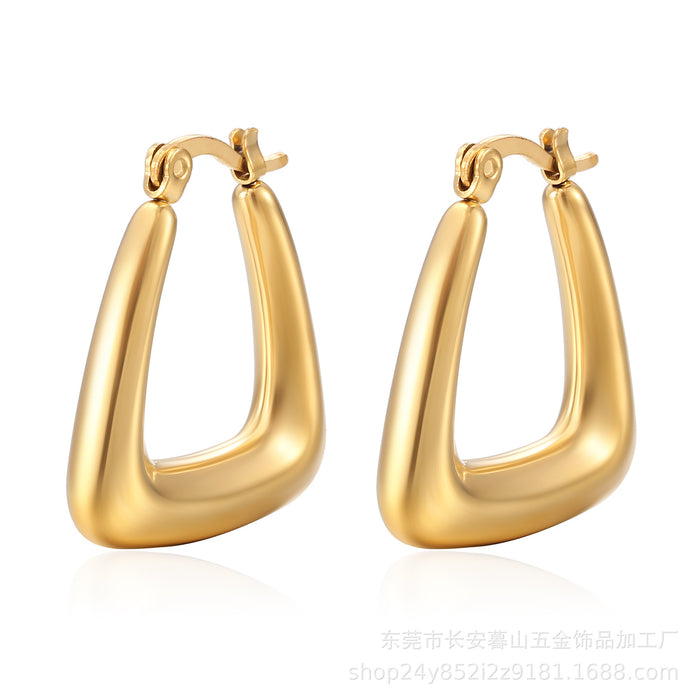 Stainless steel women's round real gold 18K oval light luxury hollow earrings