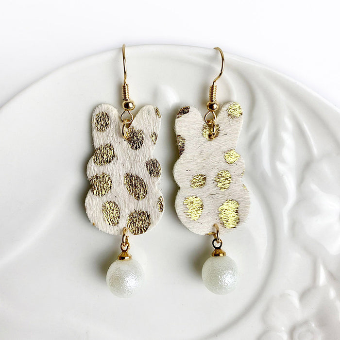 Easter Bunny Earrings with Faux Pearl Pendant, Leopard Print, and Gold Dots on Cowhide Leather