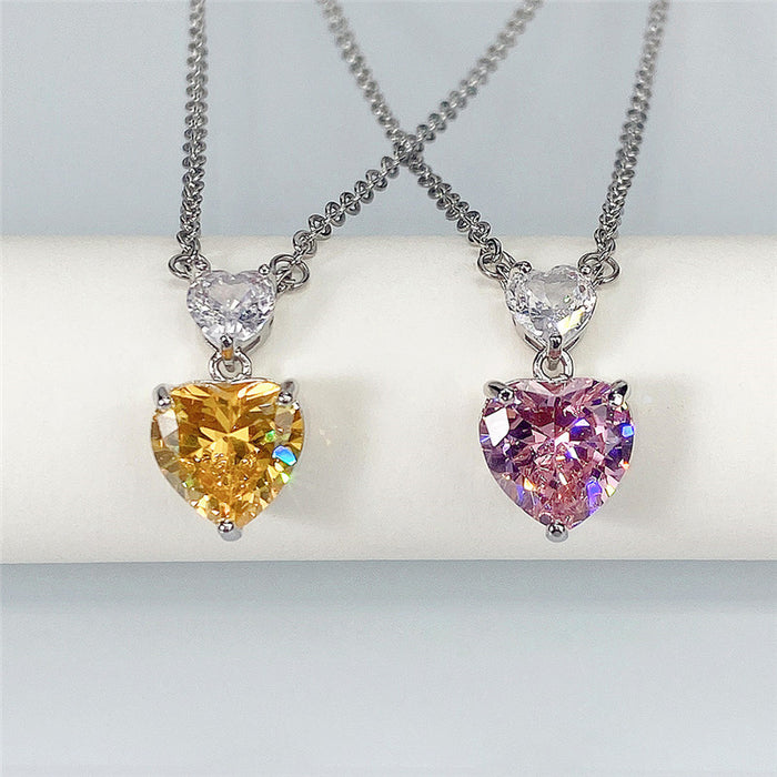 Korean double heart pink diamond women's necklace, cute peach heart zircon small pendant