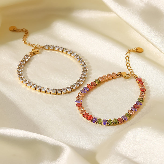 Pulseras y collares de acero inoxidable bañados en oro de 18 quilates con circonitas ovaladas y multicolores: joyería de moda para mujer