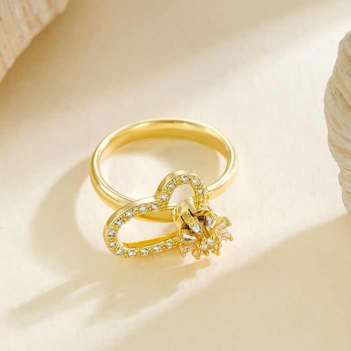 Wholesale copper micro-set rotating zircon heart and flower open ring