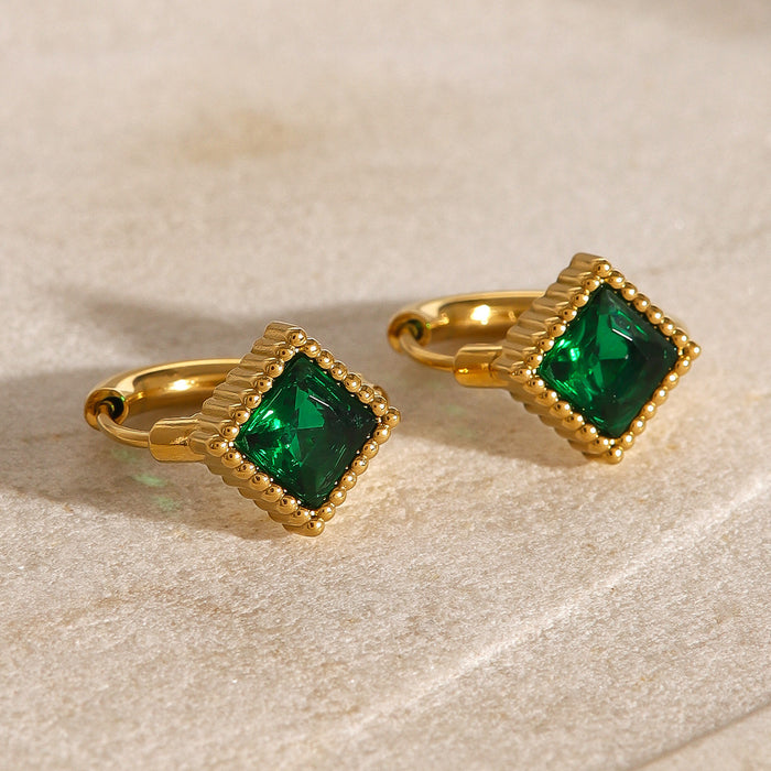 Stainless steel emerald square earrings retro light luxury earrings