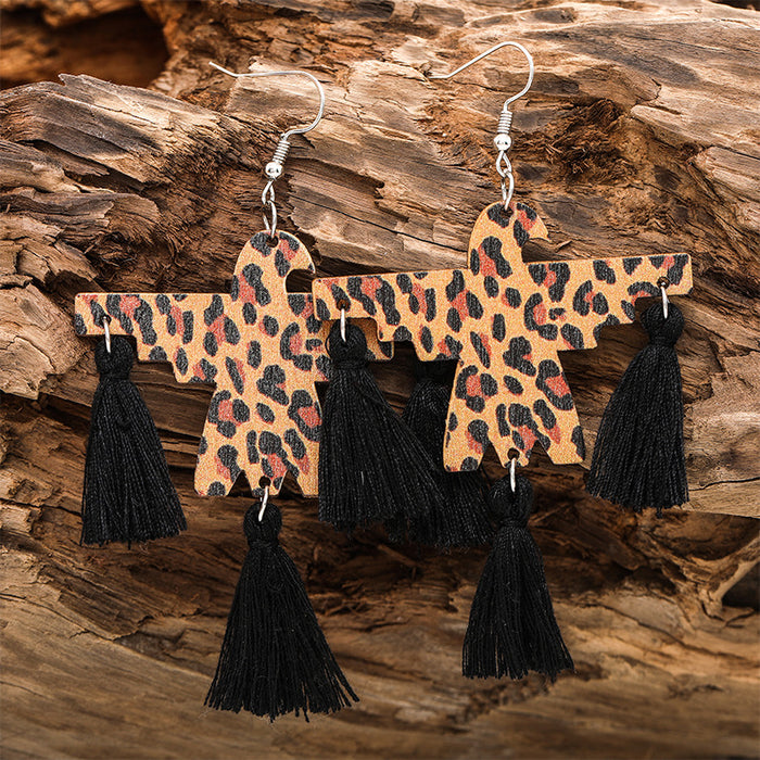 Bohemian Western Thunderbird Tassel Earrings with Cow Print and Wooden Design