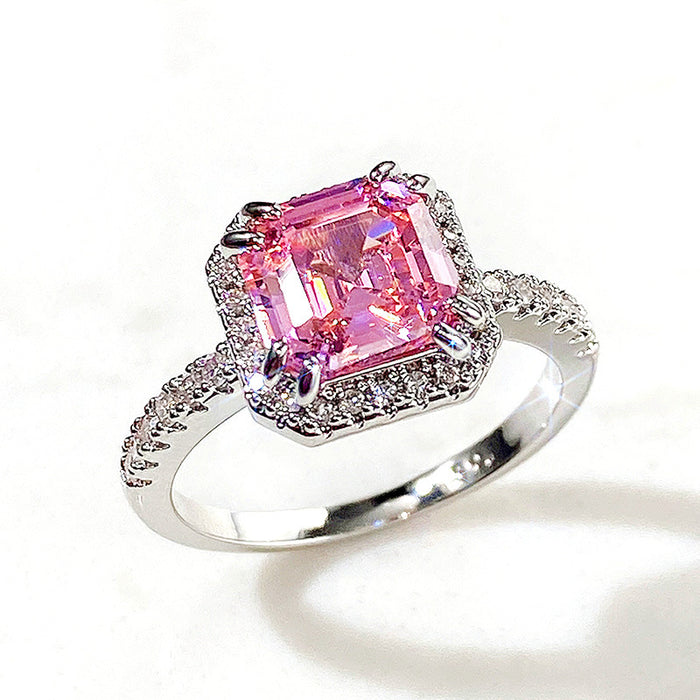 Square pink diamond princess ring micro-studded diamond women's ring