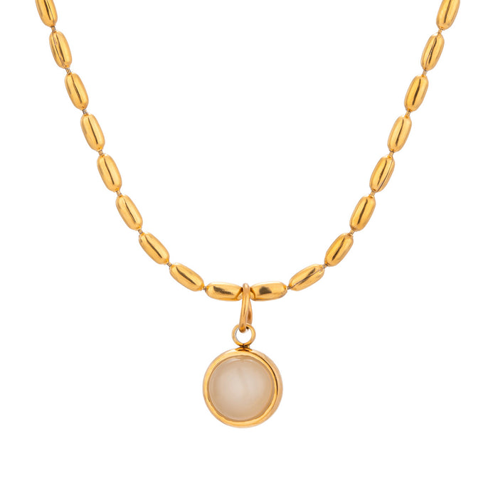 18K Gold-Plated Stainless Steel Necklace with Natural Stone Pendant - French Vintage Agate and Bead Design