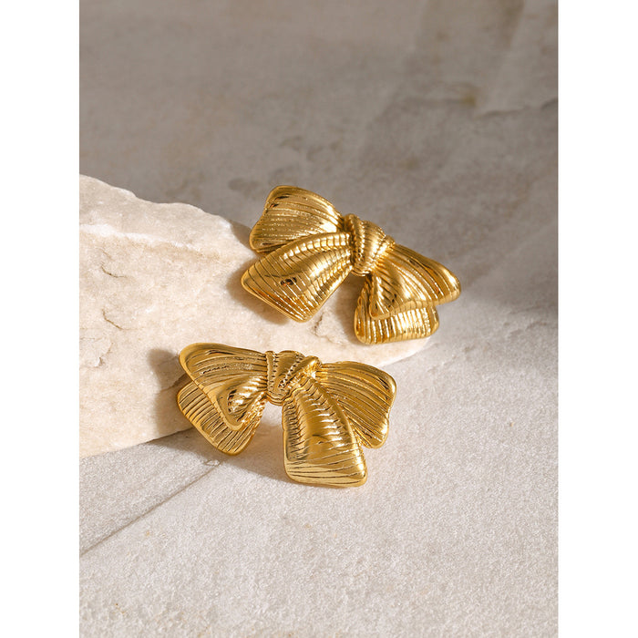 18K Gold Stainless Steel Brushed Stripe Earrings - Bowknot Titanium Steel Studs