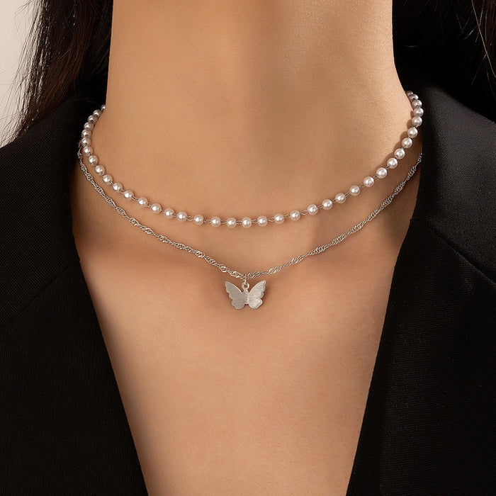 Simple Pearl Butterfly Pendant Multi-Layer Necklace - Geometric Double Layer