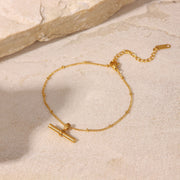 18K Gold Plated Titanium Steel Anklet - T-Bar Pendant Round Bead Chain Fashion Jewelry - wallojewerly 