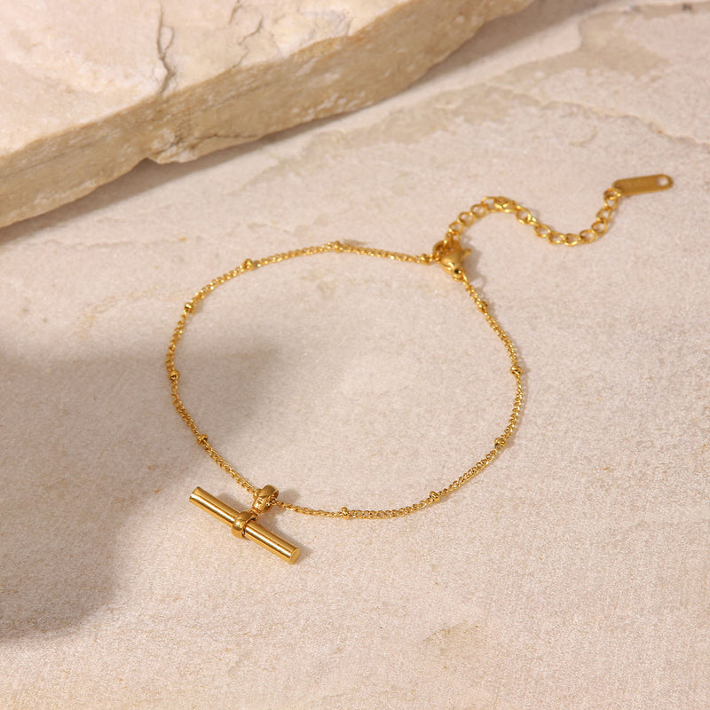 18K Gold Plated Titanium Steel Anklet - T-Bar Pendant Round Bead Chain Fashion Jewelry - wallojewerly 