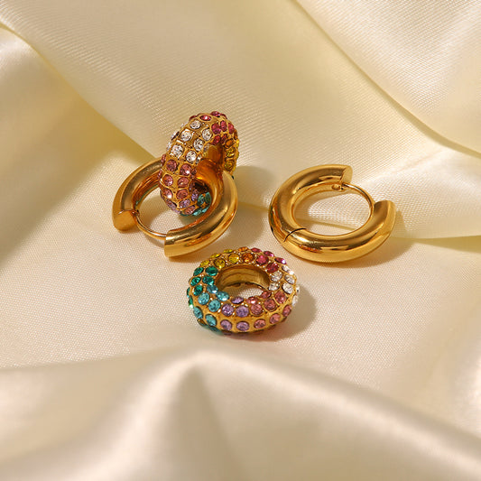 Trendy 18K Gold Plated Multi-Color Zircon Donut Earrings - Fashion Jewelry