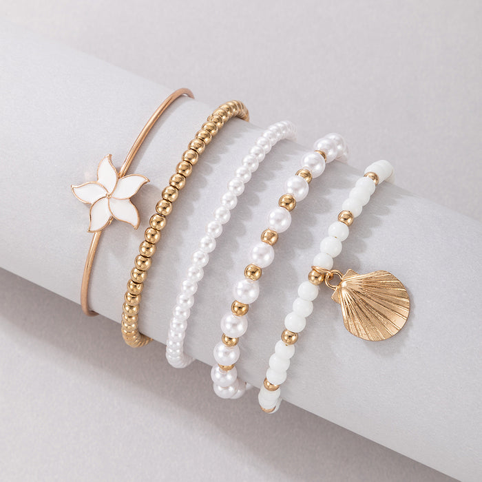 Bohemian Floral Shell Bracelet Set - Five-Piece Open Cuff Jewelry