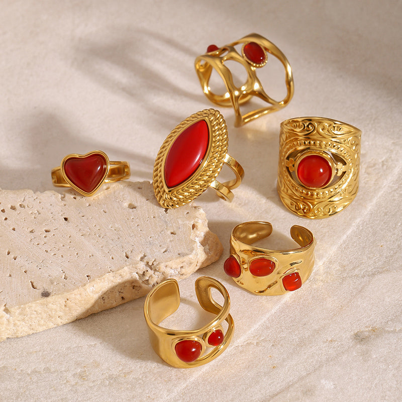 Anillo abierto de ágata roja de acero inoxidable