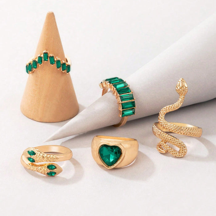 Emerald Gemstone Heart Ring Set - 5pcs Snake Rings