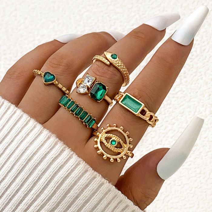 Retro Faux Emerald Rhinestone Ring Set - Snake Eye Six-Piece Set for Women