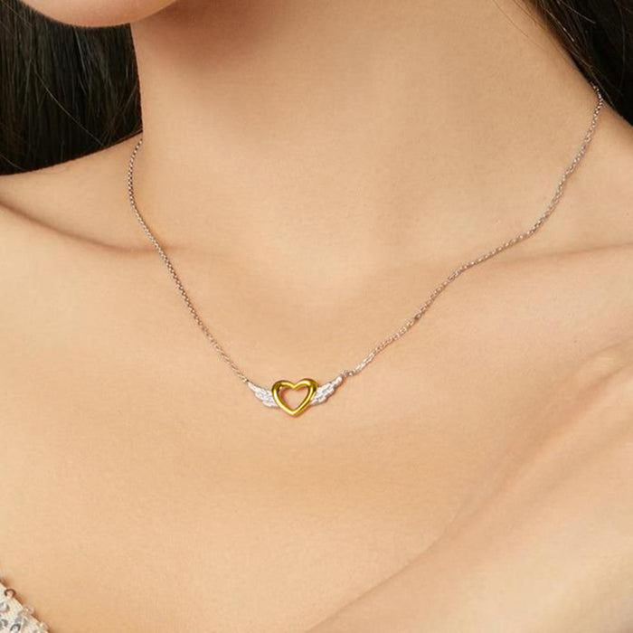 Love Heart Hollow Angel Wings Necklace Two-color Design Pendant