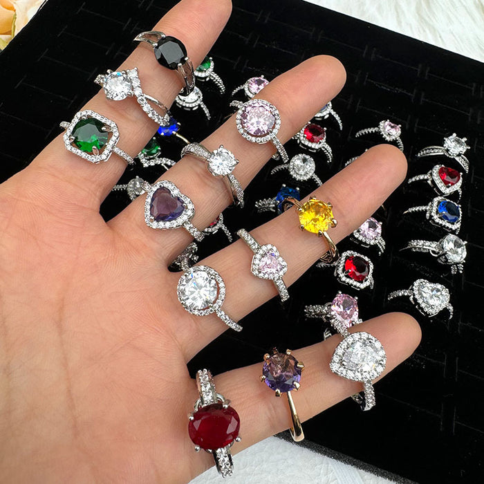 Colored zircon inlaid heart-shaped rings, wholesale of open stainless steel rings