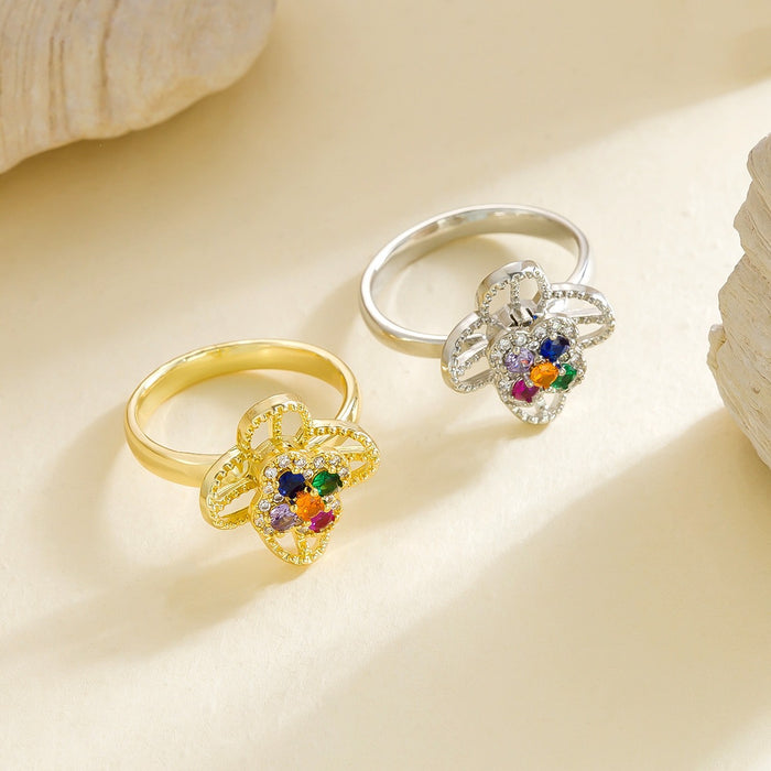 Wholesale copper micro-set colored zircon four-leaf clover flower rotating open ring