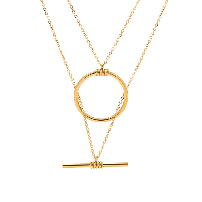 16K Gold-Plated Stainless Steel Double Bar Round Link Necklace - Trendy Layered Design for Women