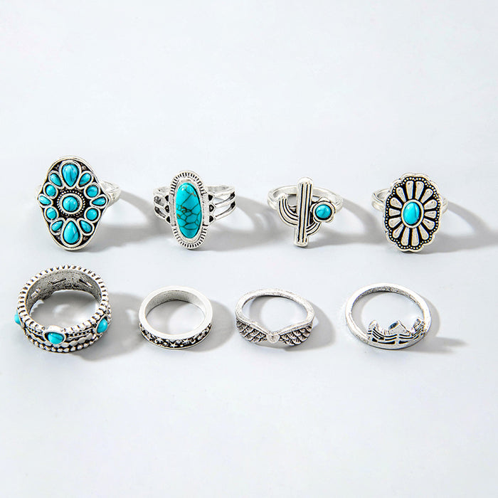 Ethnic Vintage Turquoise Ring Set - 8pcs Oval Geometric Knuckle Rings