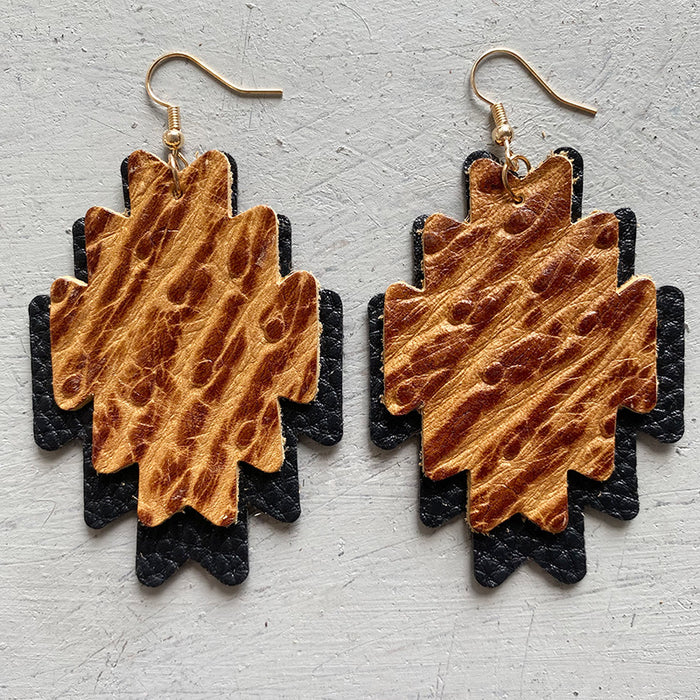 Double Layer Aztec Embossed Leather Earrings with Vintage Style