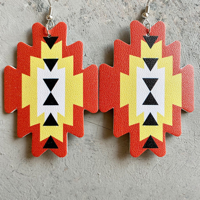 Aztec Sunflower PU Leather Earrings with Western Cowboy Style