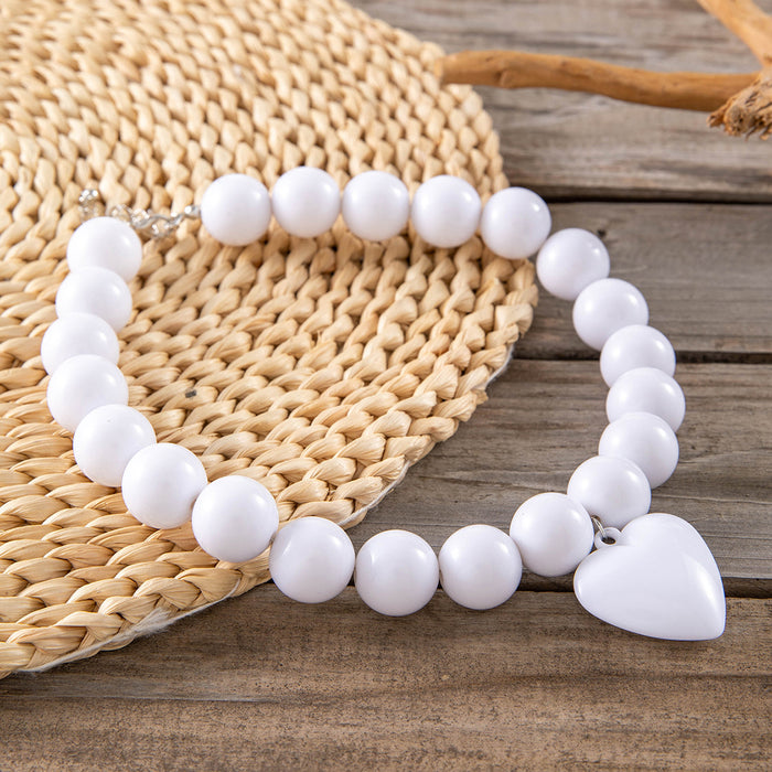 Punk-Style Large Round Bead Choker Necklace with Heart Pendant