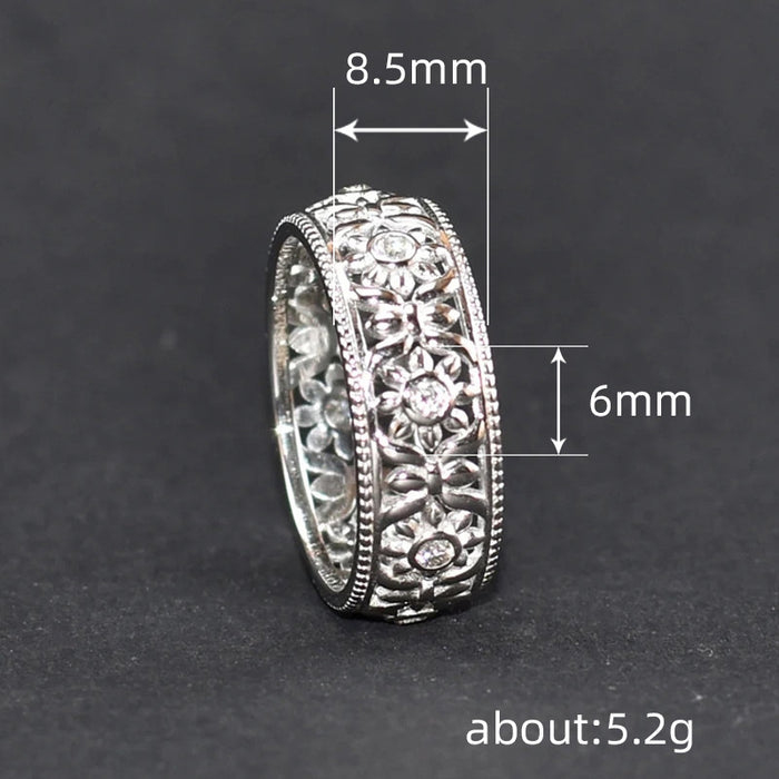 Vintage carved auspicious flower ring Classical wide version Miao ring