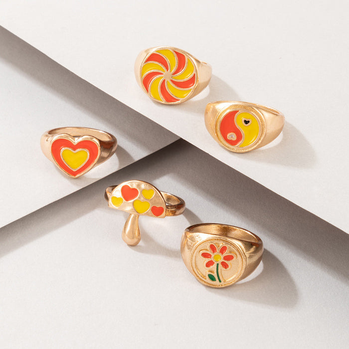 Juego de 6 anillos estilo pastoral con forma de hongo y tai chi en forma de corazón naranja