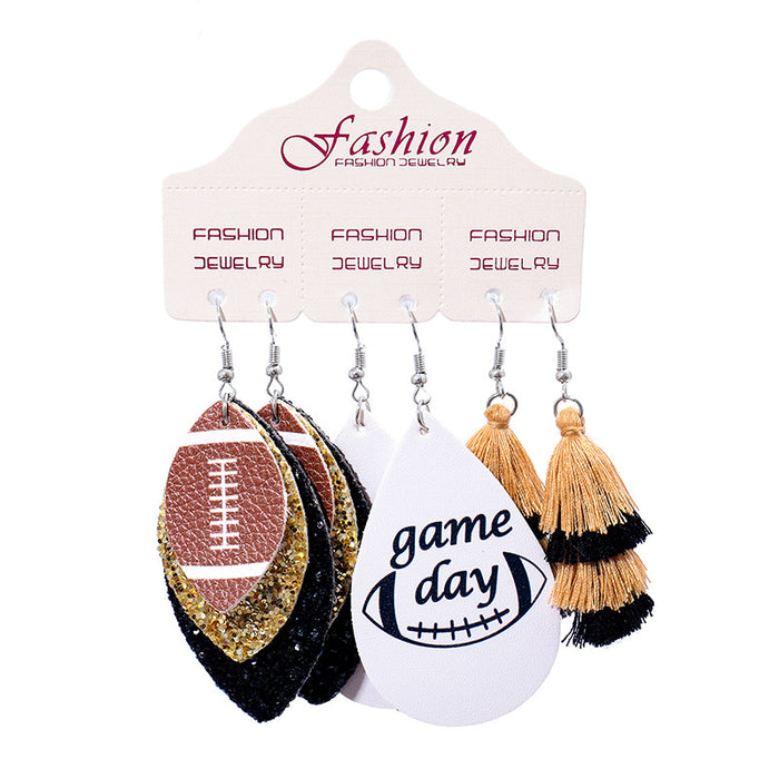 PU Leather Earring Set for Christmas with Football and Cheerleader Tassels