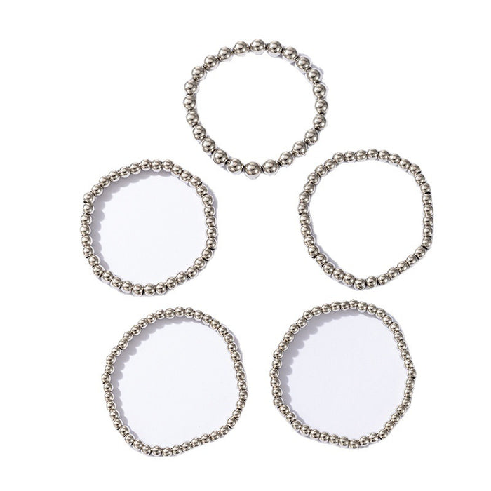 Bohemian Style Silver Bead Bracelet Set - Five-Piece Collection