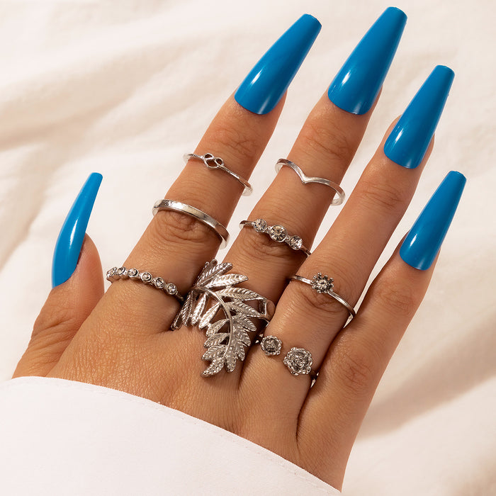 Silver flower geometric cold style ring multi-piece set