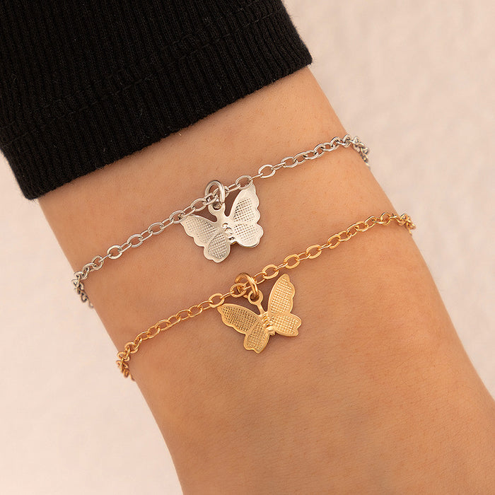 Butterfly Pendant Multi-Layered Bracelet Set with Geometric Chain