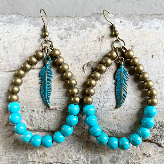 Vintage Western Turquoise Bead Feather Earrings with Antique Bronze Design