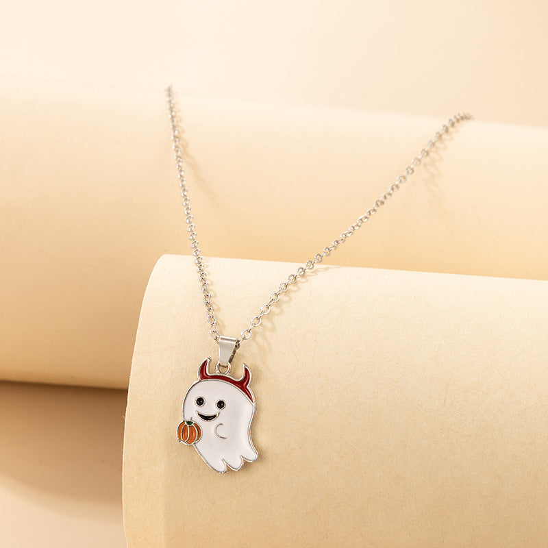 Halloween Ghost and Pumpkin Pendant Necklace - Festive Single-Layer Chain