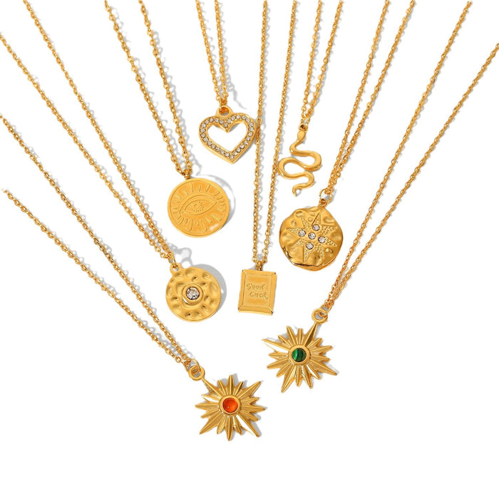 Trendy 18K Gold-Plated Stainless Steel Necklace - Round Zircon Inlaid Octagon Star and Heart Pendant